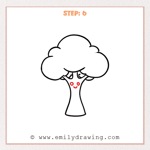 how to draw a cartoon tree - A cartoon tree gains personality with two round eyes and a small smiling mouth drawn on the trunk beneath the fluffy canopy.